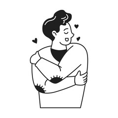 Black and white illustration of a person hugging themselves with joy. Simple style with hearts symbolizing selflove and happiness on clean white backdrop.