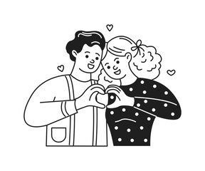 A cheerful couple in love form a heart with their hands. They are smiling warmly. Black and white illustration with playful elements. Perfect for romantic themes.