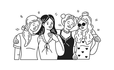 Illustration of four joyful women in simple line art. They stand closely with cheerful expressions, celebrating friendship. Black and white drawing suitable for casual themes.