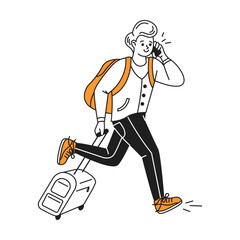 Illustration of a man happily running with a suitcase while talking on the phone. He wears casual clothes with an orange backpack. Cartoon style on a white background.