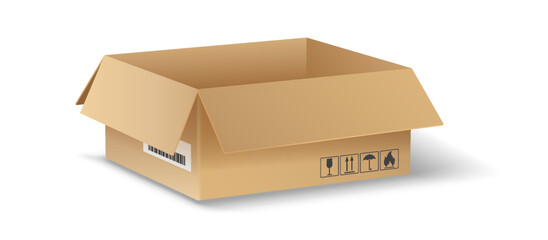 Illustration of an open cardboard box with printed icons in a realistic style on a clean white background. Used for packaging, shipping concepts, or storage solutions.