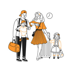 Illustration of a cheerful family ready to travel. Parents with bags, child in a carrier, young girl holding hands, on a white background. Travel and family adventure.
