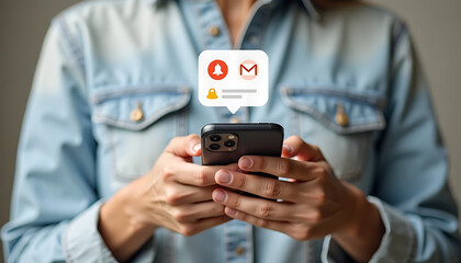  person engages with their smartphone, receiving app notifications for email and alert icons, symbolizing connection and engagement with technology
