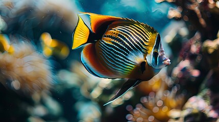 close up of a tropical colorful fish in the ocean, underwater life