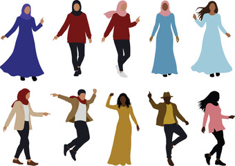 Diverse dancing silhouettes, cultural fashion poses, modern outfit collection, energetic movement illustration, casual and formal attire, joyful celebration graphic