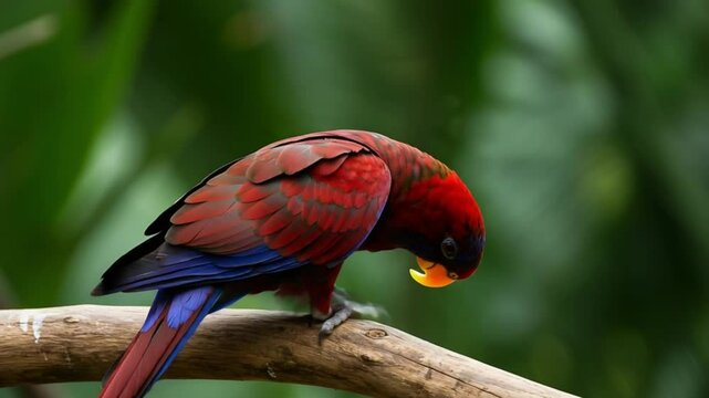 Red parrot perched on branch, lush green background, wildlife photography, nature documentary