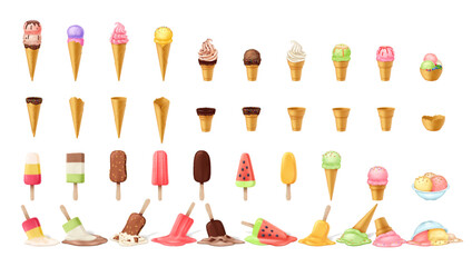 Collection of colorful ice cream cones and popsicles in digital illustration. Includes waffle cones, chocolatecovered treats, and scoops in bowl. Bright summery colors depict pleasant and sweet theme.