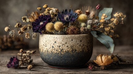 Dried floral arrangement including tansy, globe thistle, and billy buttons in vintage ceramic vase displayed indoors on a neutral background