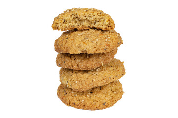 Homemade oatmeal cookies with nuts on white background, close-up view