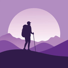 Solo Hiker Under Purple Sunset on Mountain Peaks