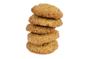 Homemade oatmeal cookies with nuts on white background, close-up view
