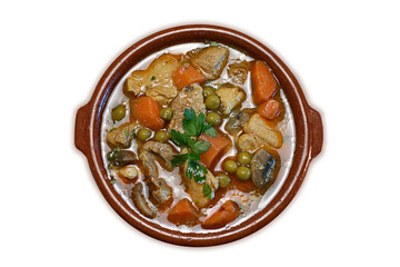 Homemade meat, vegetable, and potato stew in a clay bowl on white background