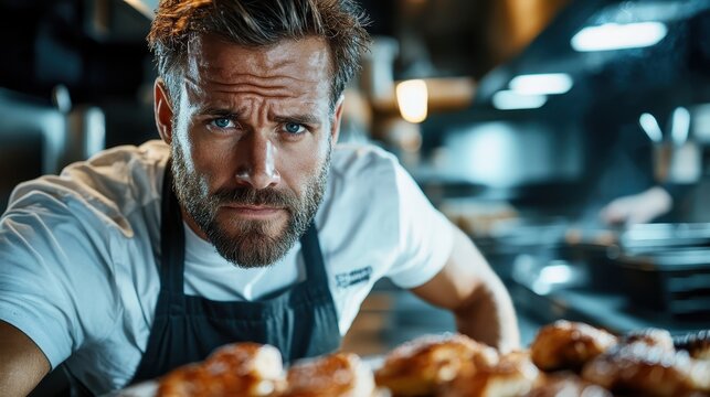 A dedicated chef with a beard intensely inspects freshly baked pastries, conveying the hard work and craftsmanship involved in culinary arts within a modern kitchen environment.