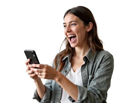 Young woman looks excited while holding her phone isolated on transparent background - Powered by Adobe