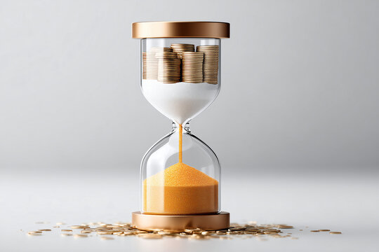 An hourglass with gold coins, symbolizing time management and investment
