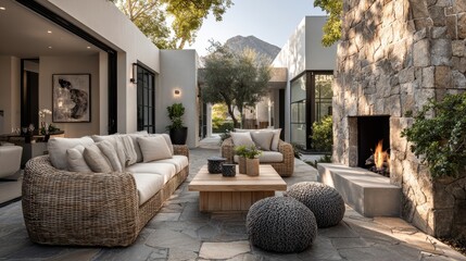 Luxury patio features outdoor furniture, stone wall, mountain views, and trees on a sunny afternoon near Scottsdale, Arizona