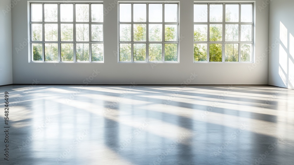 Poster a spacious and bright room filled with natural light streaming through large windows, creating a cal