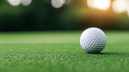 Obraz premium A close-up of a golf ball resting on a green, well-manicured golf course with blurred lights in the background.
