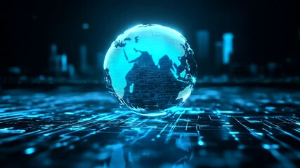 Futuristic digital globe representing global connectivity over a high-tech cityscape background - Powered by Adobe