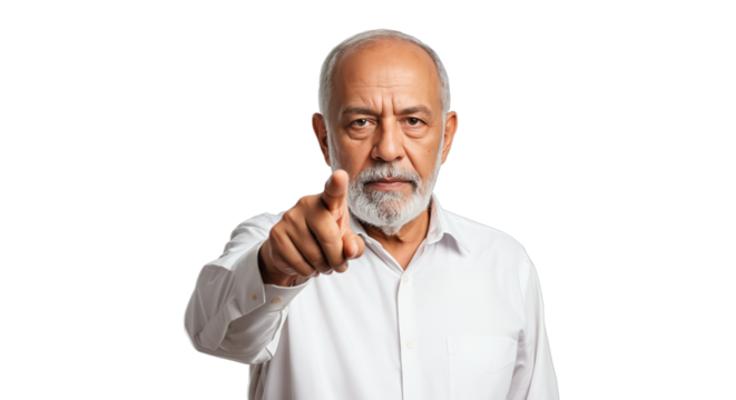 Senior man pointing forward with serious face, white background