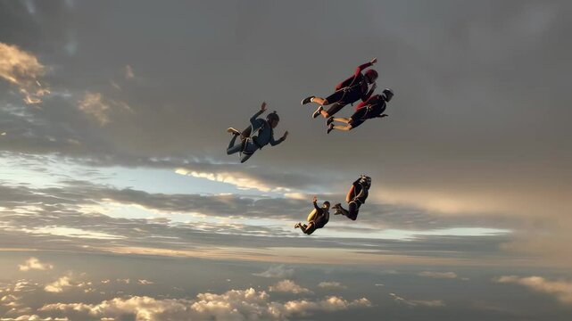 Skydivers silhouetted against a golden sunset sky, freefalling together. Extreme sport and adventure concept. Skydiving dynamic action footage.