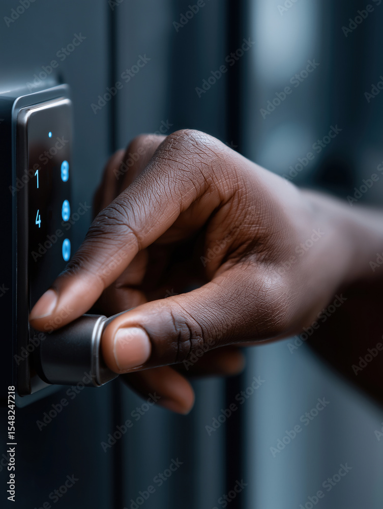 Poster hand interacting with a modern keypad lock in a contemporary setting during twilight