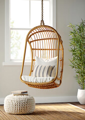 Relaxing rattan hanging chair with white cushions in a bright room