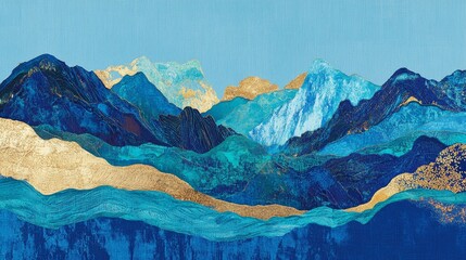 Abstract blue and gold mountain landscape with textured layers
