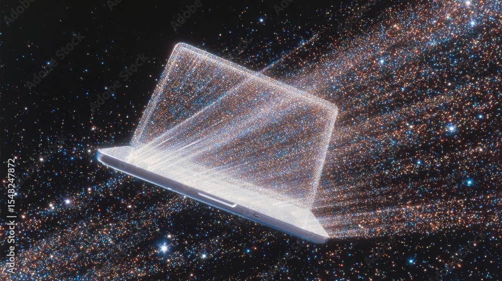 Poster futuristic transparent laptop disintegrating into digital particles in space