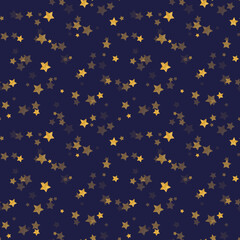 Beautiful dark blue seamless pattern with gold foil constellations, stars and clouds, night sky background. Watercolor digital illustration. Cute for the kids design of clothes, textile, wrappers