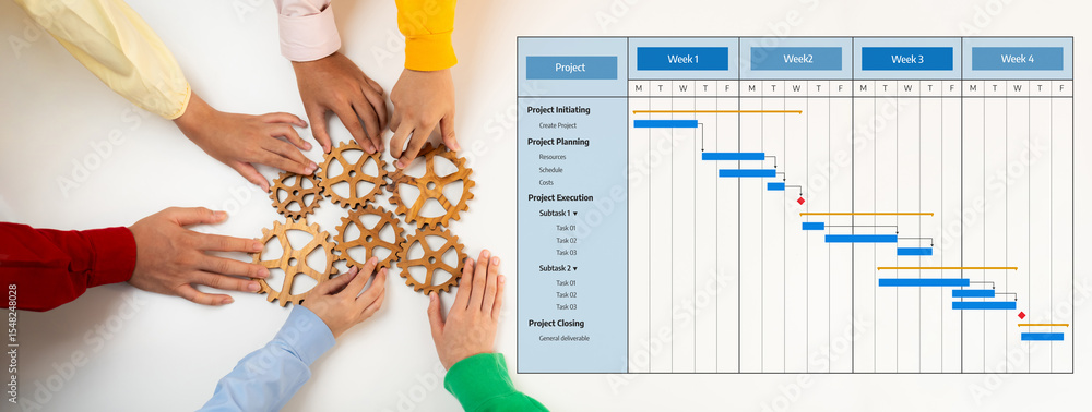 Poster engaging teamwork and project management through visual tools like gantt charts and wooden gears rep