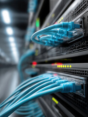 Networking equipment with blue cables connected in a server room at night