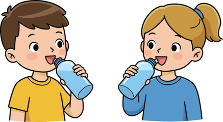 Happy Young Boy and Girl Drinking Water from Blue Plastic Bottles, Staying Hydrated and Healthy, Refreshing Thirst Quencher for Children, Good Habits for Kids, Cartoon Illustration