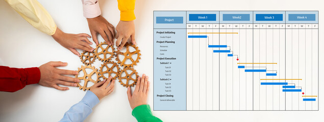 Engaging teamwork and project management through visual tools like Gantt charts and wooden gears...