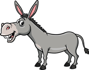 Happy Cartoon Donkey Smiling Widely, Featuring a Cheerful Gray Farm Animal Character with Large Ears, Expressing Fun, Friendliness, and Whimsical Farm Life.
