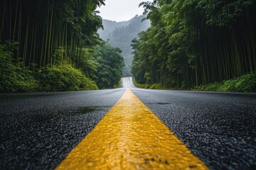 A wet road winding through a dense bamboo forest on a misty day