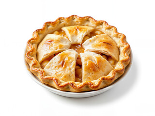 Apple pie with golden crust and sliced top view on white background  