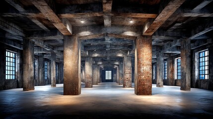 Spacious empty garage interior with exposed brick walls and large windows