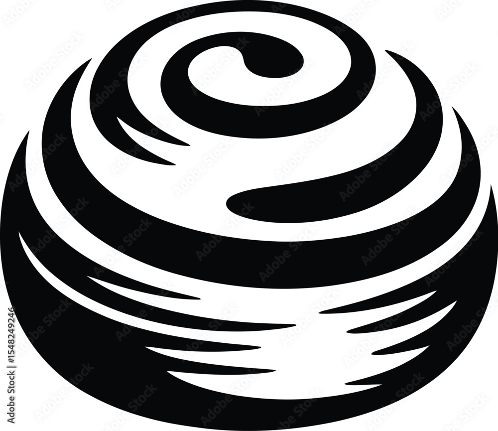 Poster a black and white image of a swirling sphere with a spiral pattern on a plain white background space