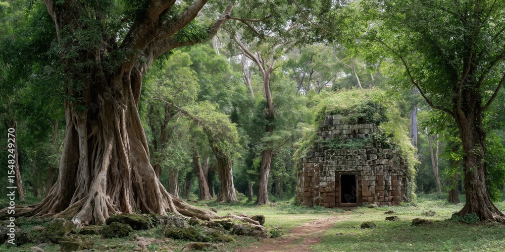 Poster ancient stone structure and large tree in lush forest clearing