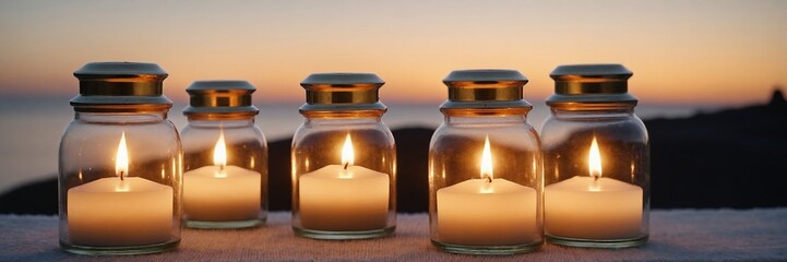 Burning candles in glass jars at sunset creating a romantic atmosphere
