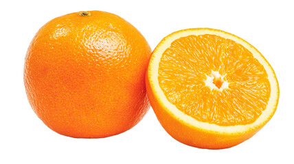 Whole and sliced orange isolated on white background &ndash; Fresh citrus fruit PNG for food design