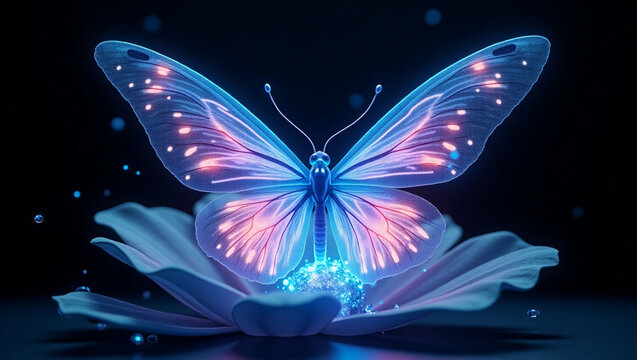 Bioluminescent Blue Butterfly on Glowing Flower &ndash; Fantasy Nature Art on Black Background