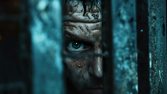 A man in a jail looking through the bars