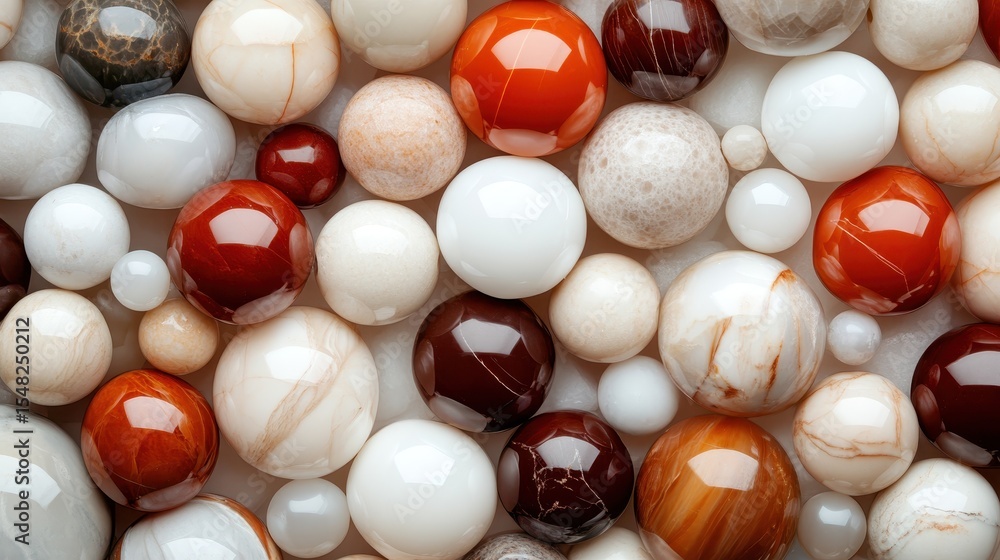Poster An exquisite arrangement of decorative marble balls in various colors and patterns, creating an eye-catching visual display that highlights artful design and craftsmanship.