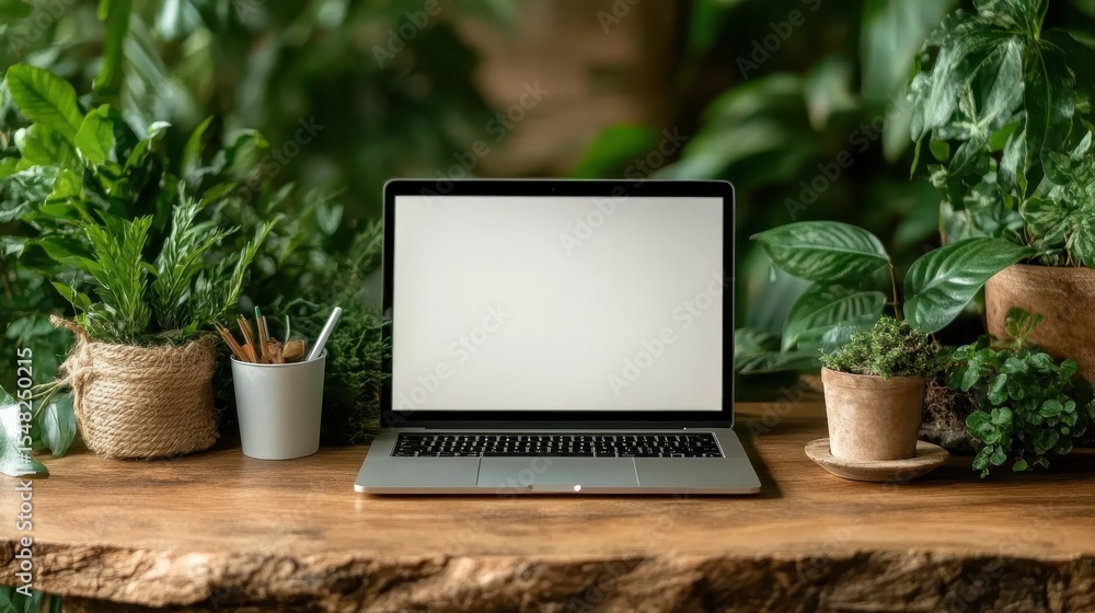 Poster this image features a sleek laptop set against a backdrop of vibrant greenery, showcasing a perfect 