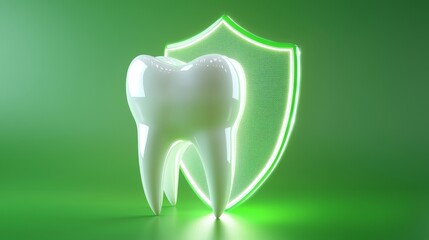 Shiny tooth with neon green shield symbolizing dental protection and health