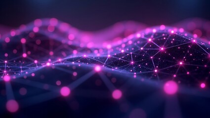 An abstract quantum network composed of violet and purple glowing nodes interconnected in a fractal-like digital grid, floating in deep space. Generative Ai.