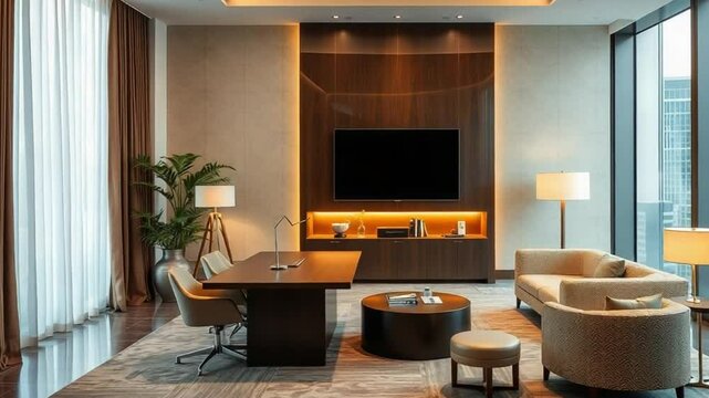 Modern Luxury Executive Office Interior with Large Desk, Lounge Seating, and TV Wall in a High-End Corporate Suite