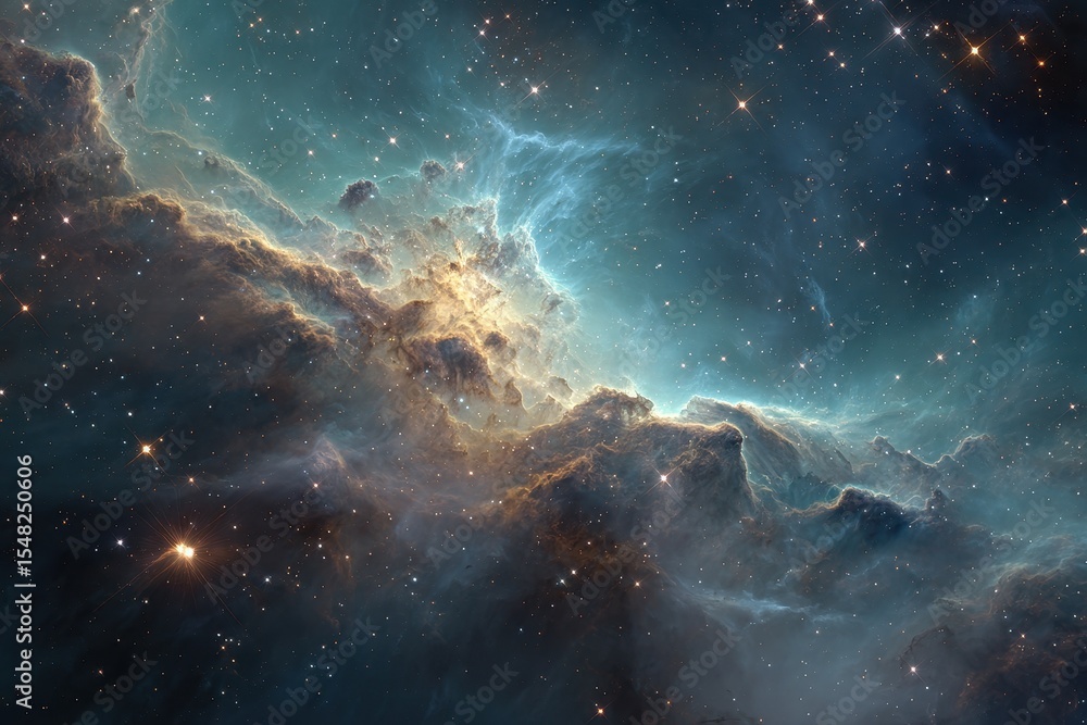 Poster cosmic landscape presents a swirling nebula of gas and dust with radiant stars scattered across the 